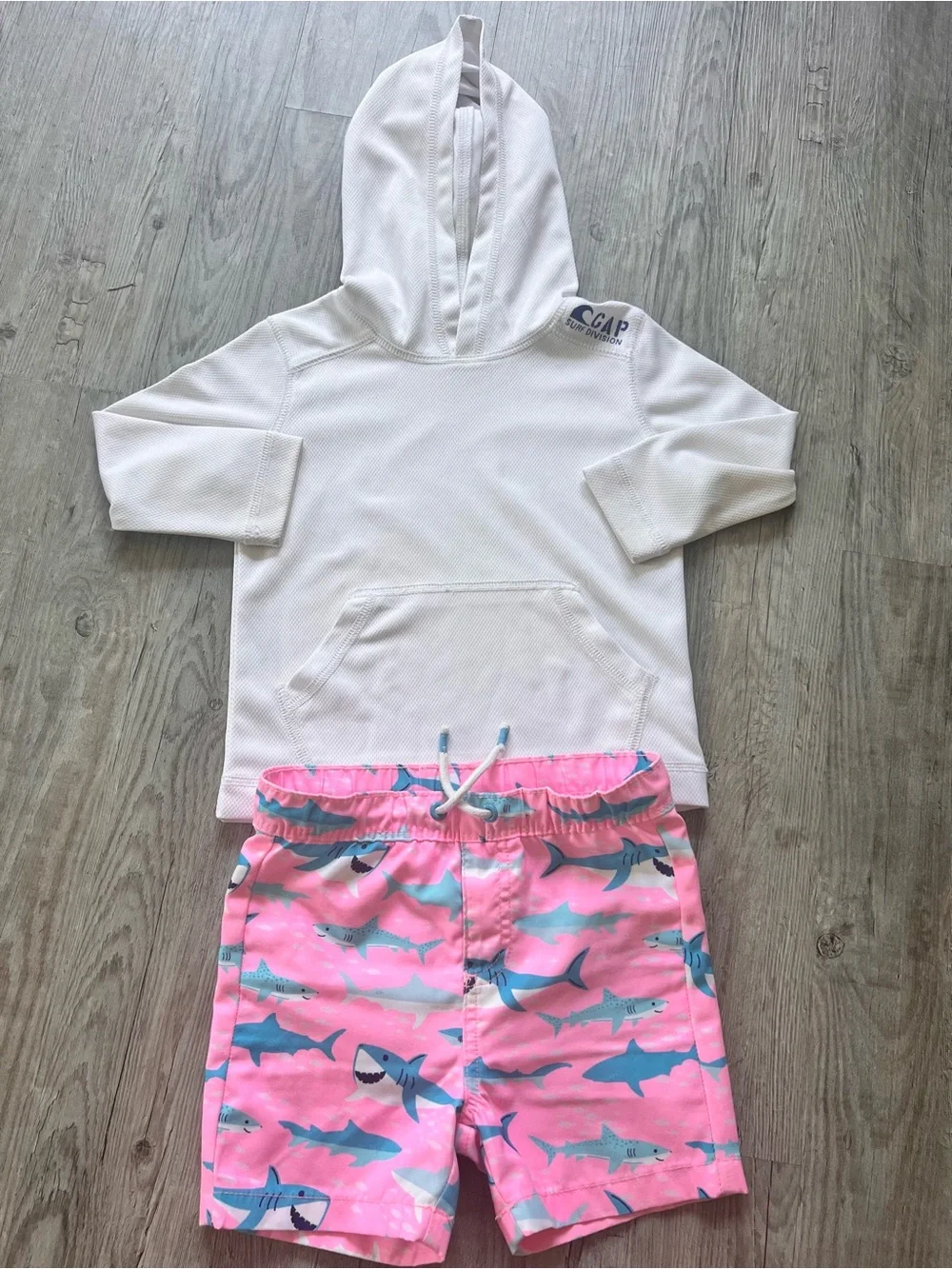 Gymboree Pink Shark Print Swim Trunks with Blue Sharks